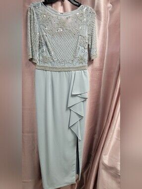 Adrianna Papell Pale Blue beaded formal dress with Ruffle Side Detail